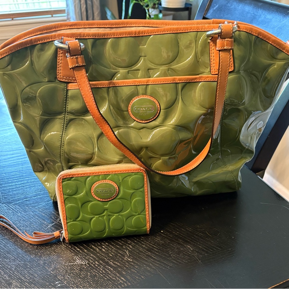 Coach Olive Green and Tan Tote and wallet Set